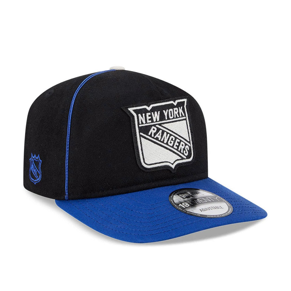 New York Rangers NHL Felt Logo Blue New Era 19TWENTY Adjustable Cap, three-quarter view showing the white raised embroidered logo on the black front panel, blue flat visor with a 19TWENTY size sticker, and blue piping along the seams.