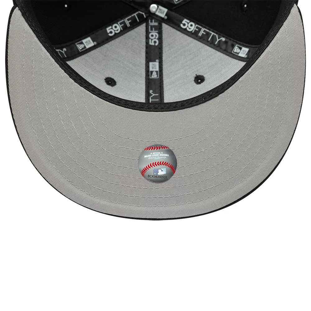 Detroit Tigers MLB Faux Pearl Black New Era 59FIFTY Fitted Cap, inside view showing the grey undervisor with a holographic baseball sticker, black sweatband with 59FIFTY branding, and matching black taping detail.