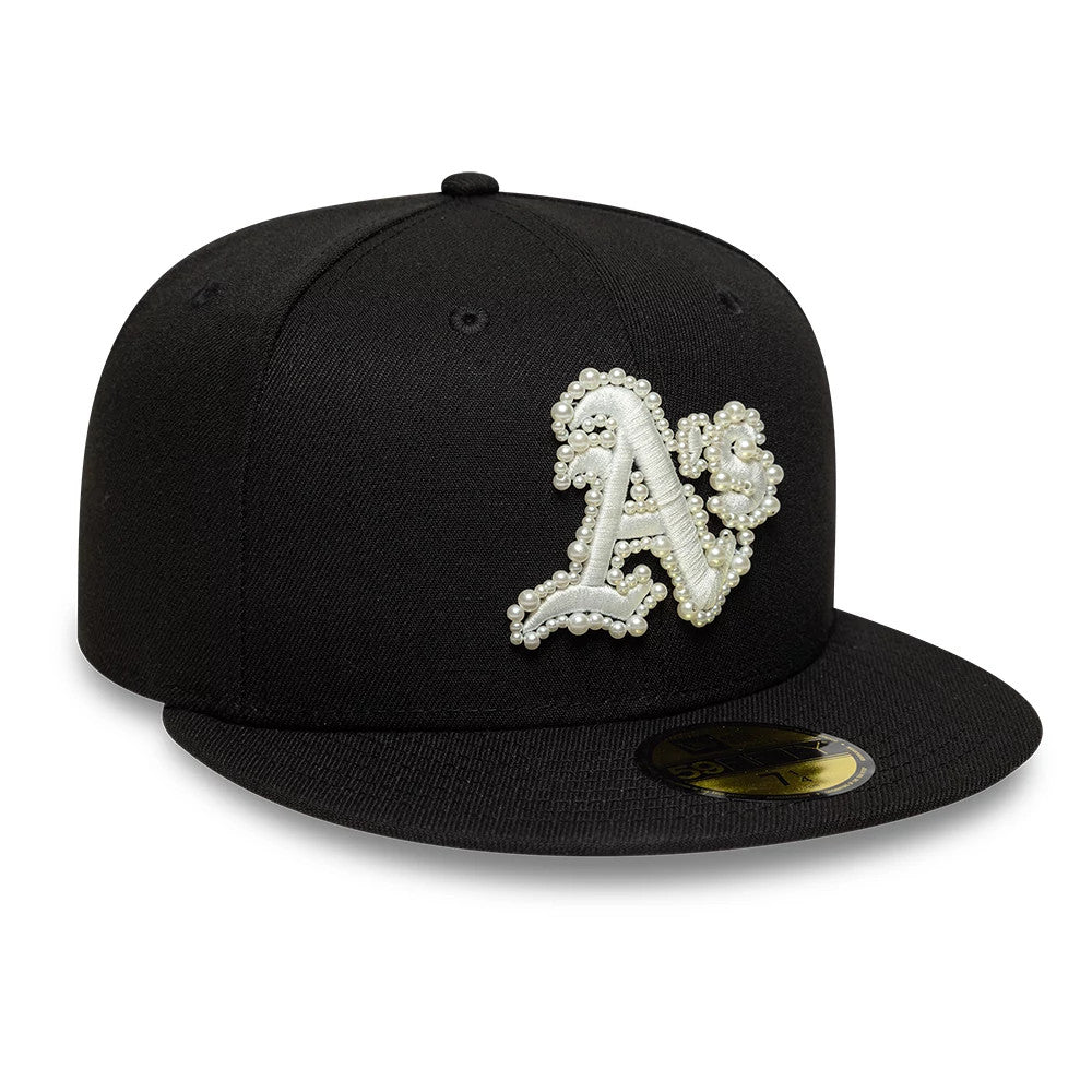 Athletics MLB Faux Pearl Black New Era 59FIFTY Fitted Cap, front view showing the embellished white A logo with pearl on the black structured crown, flat black visor and gold 59FIFTY size sticker on the visor.