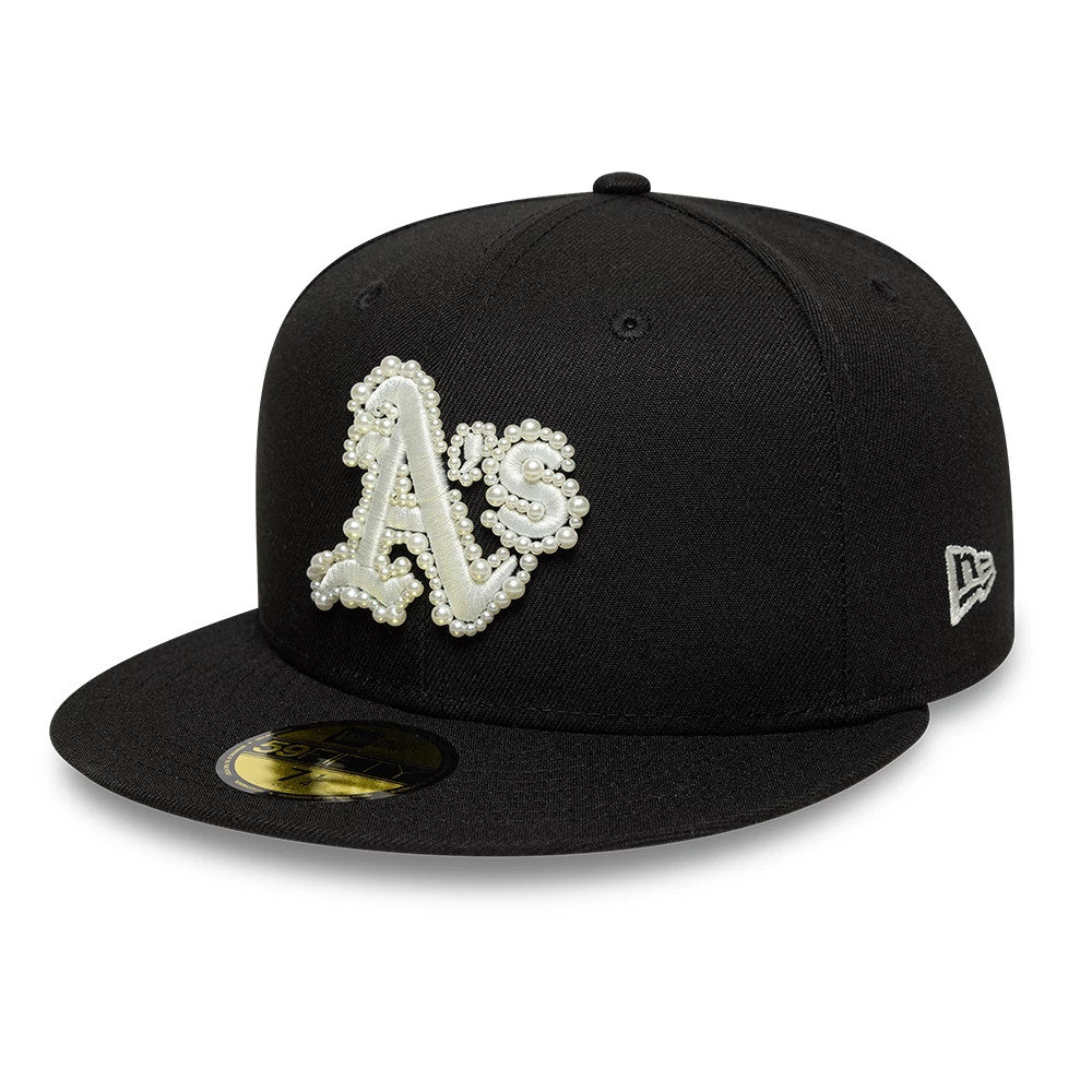 Athletics MLB Faux Pearl Black New Era 59FIFTY Fitted Cap, front view showing the faux pearl-embellished Athletics logo in raised embroidery on the structured black crown, with a flat black visor and gold 59FIFTY size sticker.