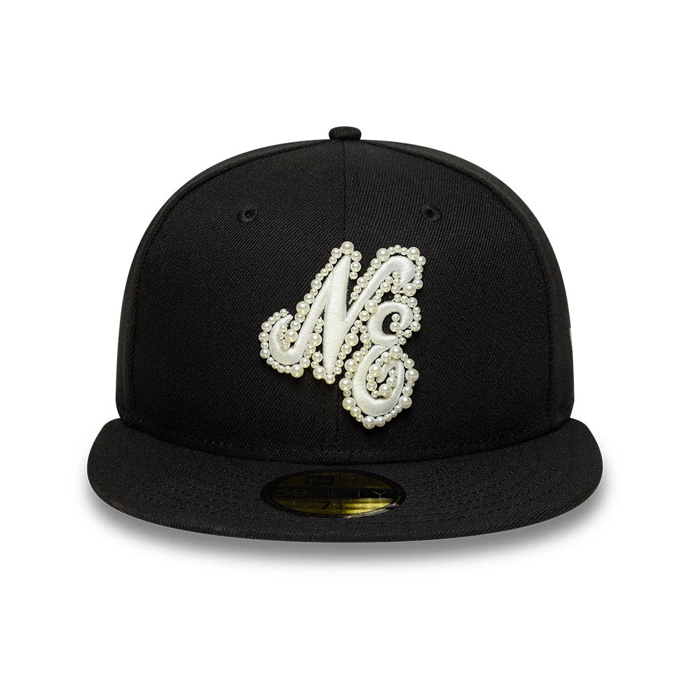 New Era Faux Pearl Black 59FIFTY Fitted Cap, front view showing the intricate white NE logo in faux pearls on the structured black crown, complemented by a flat black visor and a gold 59FIFTY size sticker on the top.