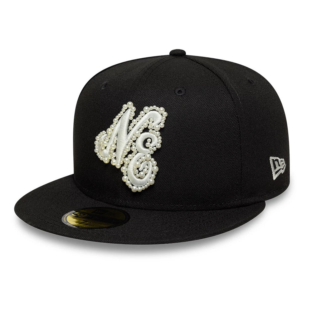 New Era Faux Pearl Black 59FIFTY Fitted Cap, front view showing an intricate NE design embellished with faux pearls on the front panel, a flat black visor with the gold 59FIFTY size sticker, and the New Era flag logo on the left side.