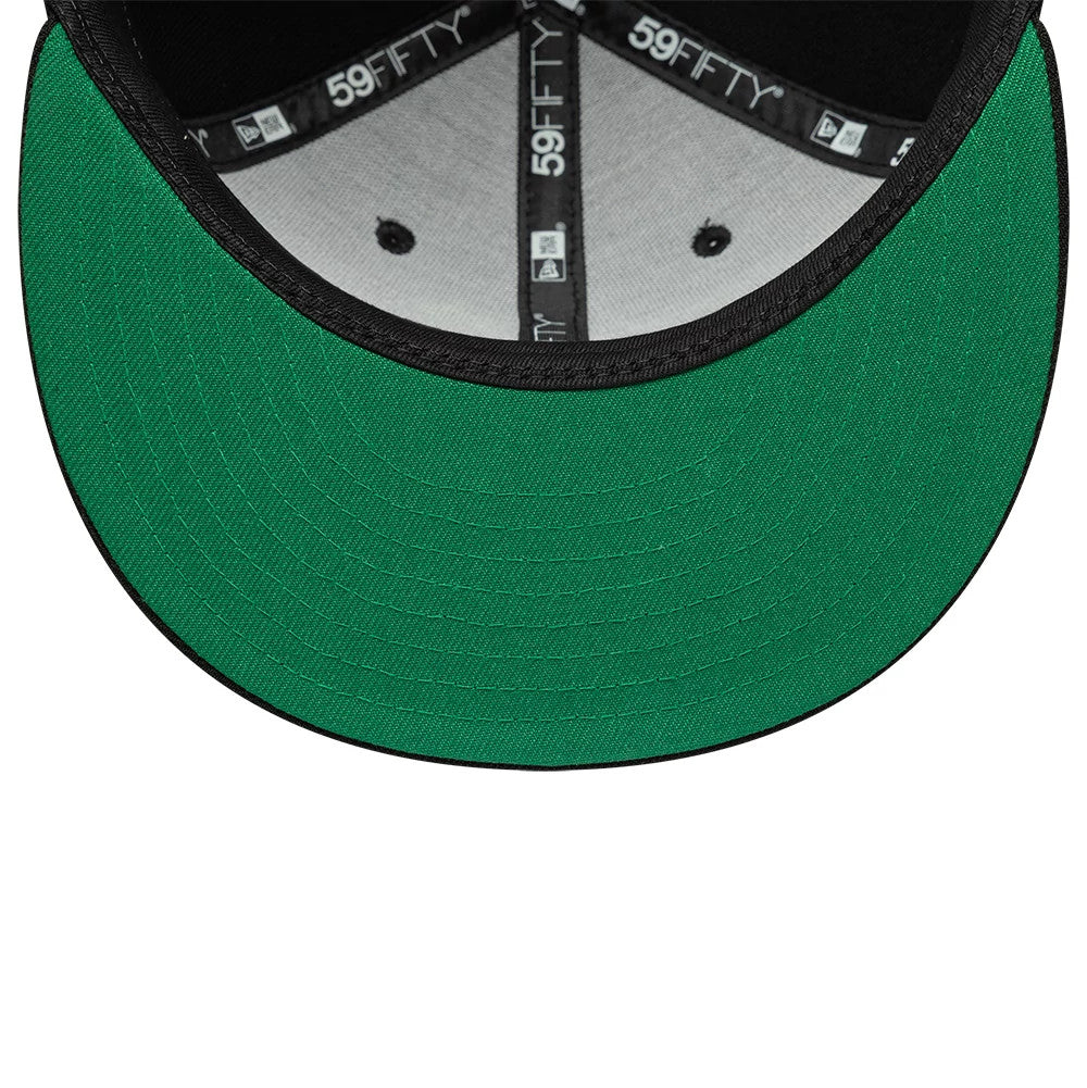 New Era Faux Pearl Black 59FIFTY Fitted Cap, inside view showing the black sweatband and taping with 59FIFTY branding, contrasted against the green undervisor and grey inner panels with ventilated eyelets.