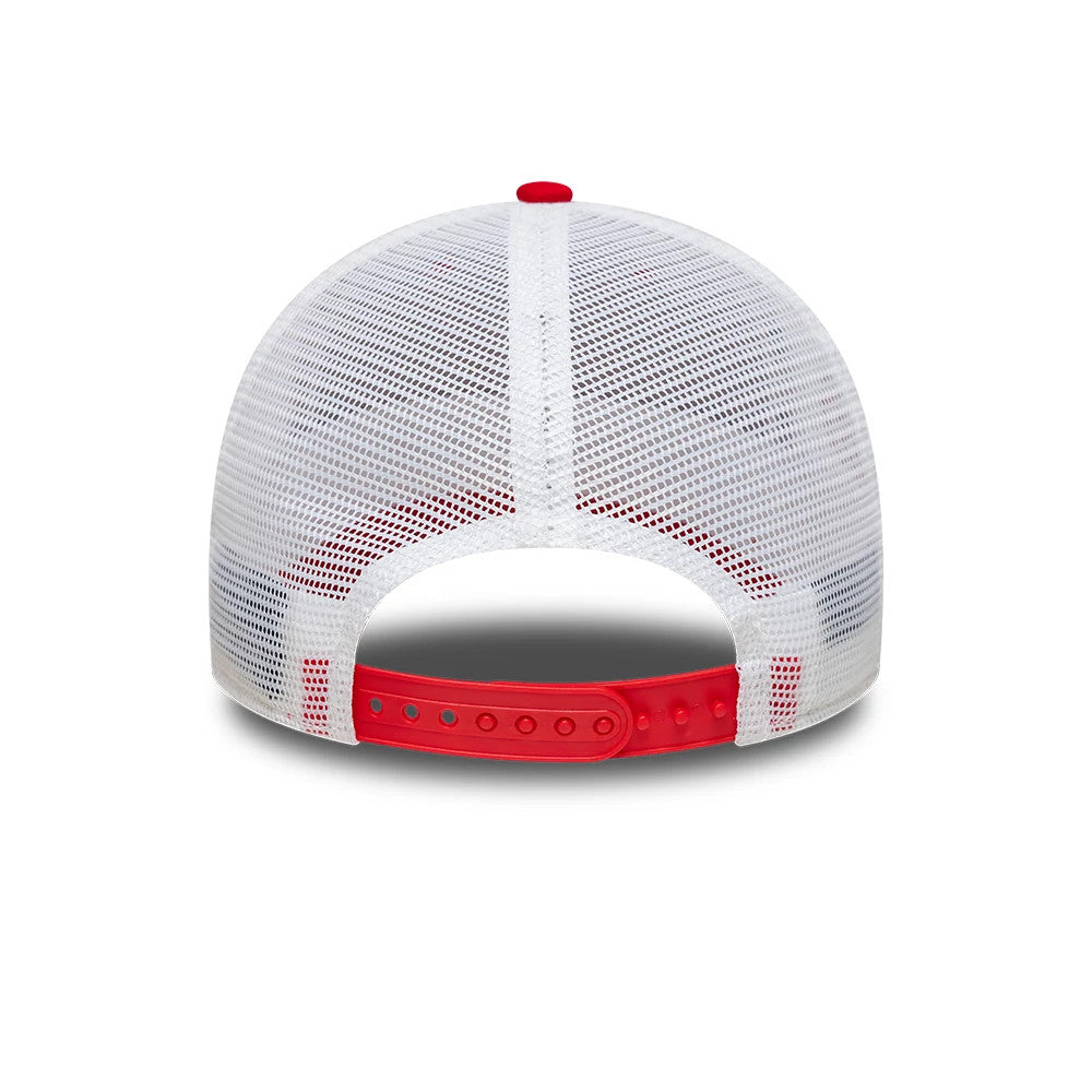 Liverpool FC Patch Red New Era 9FORTY Adjustable Cap, rear view showing the white mesh back panels and red snap closure, with a matching red top button accentuating the classic trucker style design.