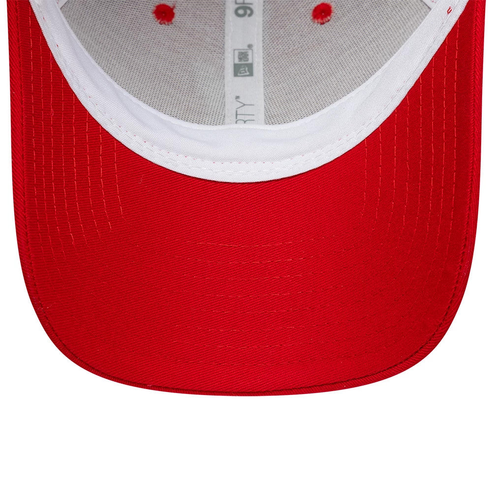 Liverpool FC Patch Red New Era 9FORTY Adjustable Cap, inside view showing the white inner sweatband, white taping with grey 9FORTY branding, and a red undervisor, accented with red stitching around the visor's edge.