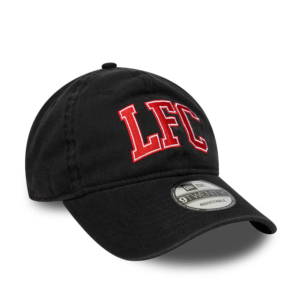 Liverpool FC Wordmark Black New Era 9TWENTY Adjustable Cap, front view showing the red LFC wordmark in raised embroidery on the centre of the unstructured black crown, with a black curved visor and 9TWENTY size sticker on top.