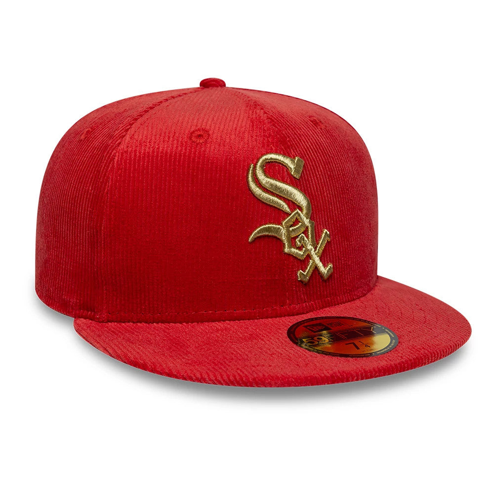 Chicago White Sox MLB Cord Red New Era 59FIFTY Fitted Cap, three-quarter view showing a gold embroidered Sox logo on the red corduroy front panel, with a matching red flat visor and a gold 59FIFTY size sticker on the visor.