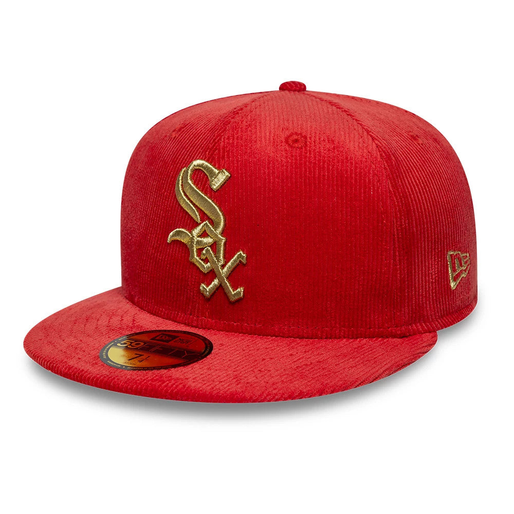 Chicago White Sox MLB Cord Red New Era 59FIFTY Fitted Cap, three-quarter view showing raised gold embroidery of the White Sox logo on the red front panel, red flat visor with a gold 59FIFTY size sticker, and New Era flag logo on the left side.