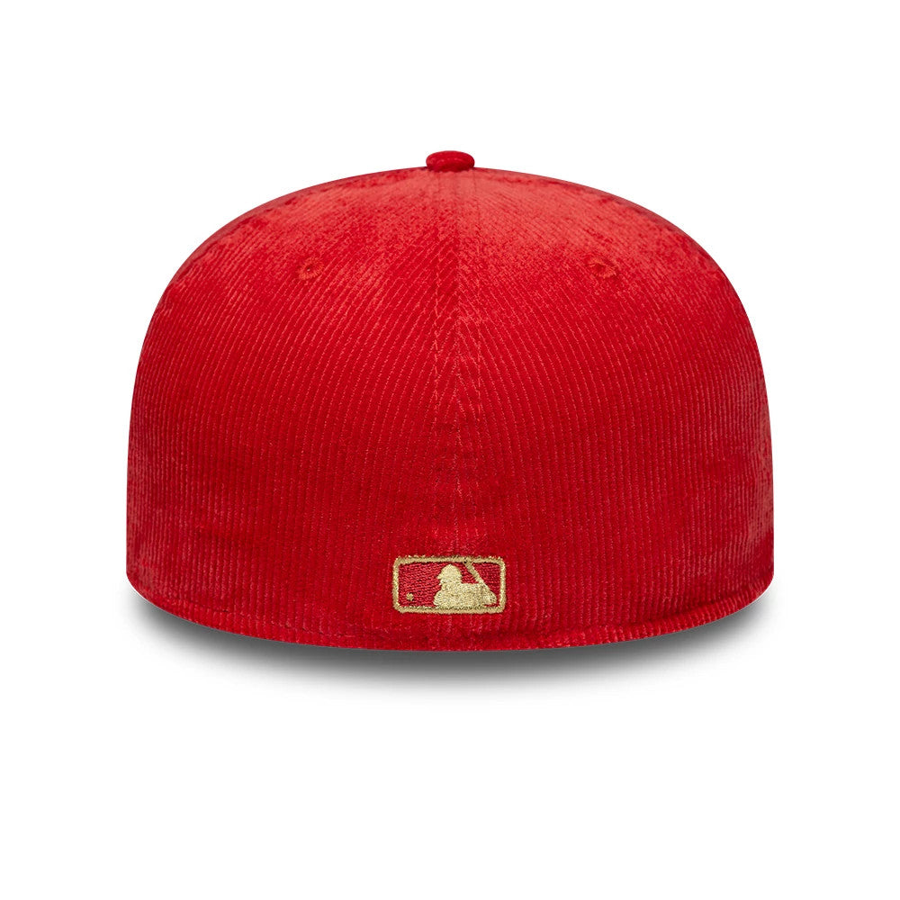 LA Dodgers MLB Cord Red New Era 59FIFTY Fitted Cap, rear view showing the gold embroidered MLB Batterman logo at the centre of the red corduroy-textured back panels, with a matching red top button, creating a and style.