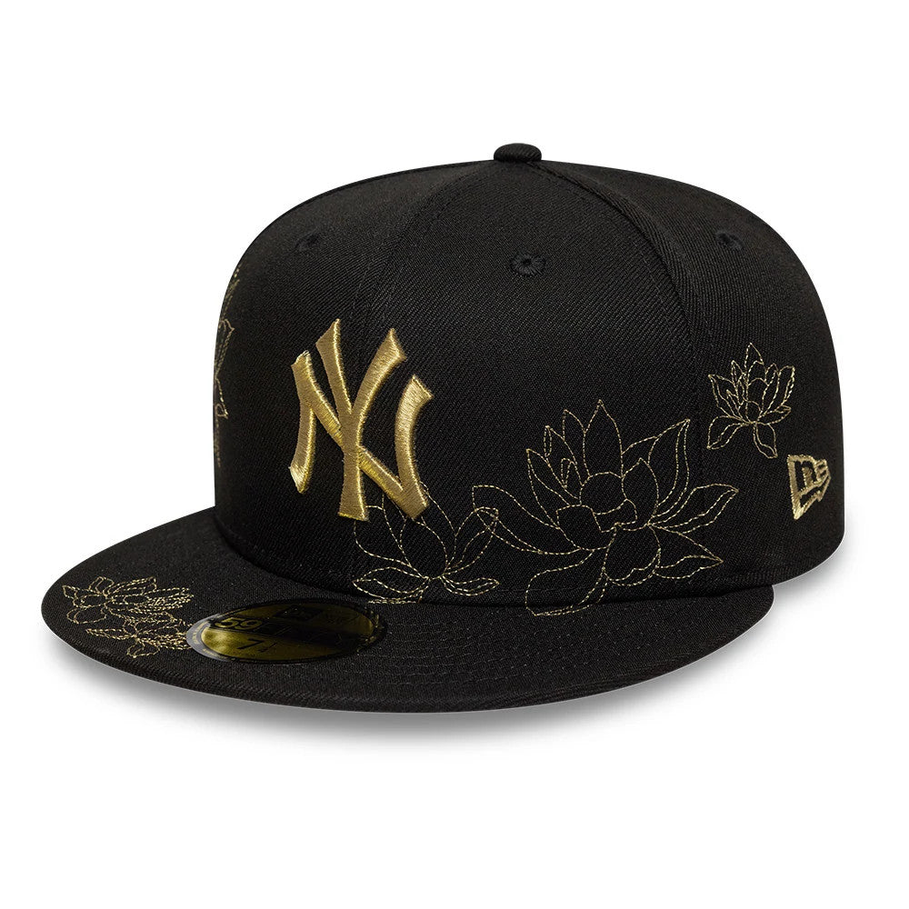 New York Yankees MLB Floral Black New Era 59FIFTY Fitted Cap, front view showing the raised gold NY logo embroidered on the front panel, elaborate gold floral embroidery across the crown and visor.