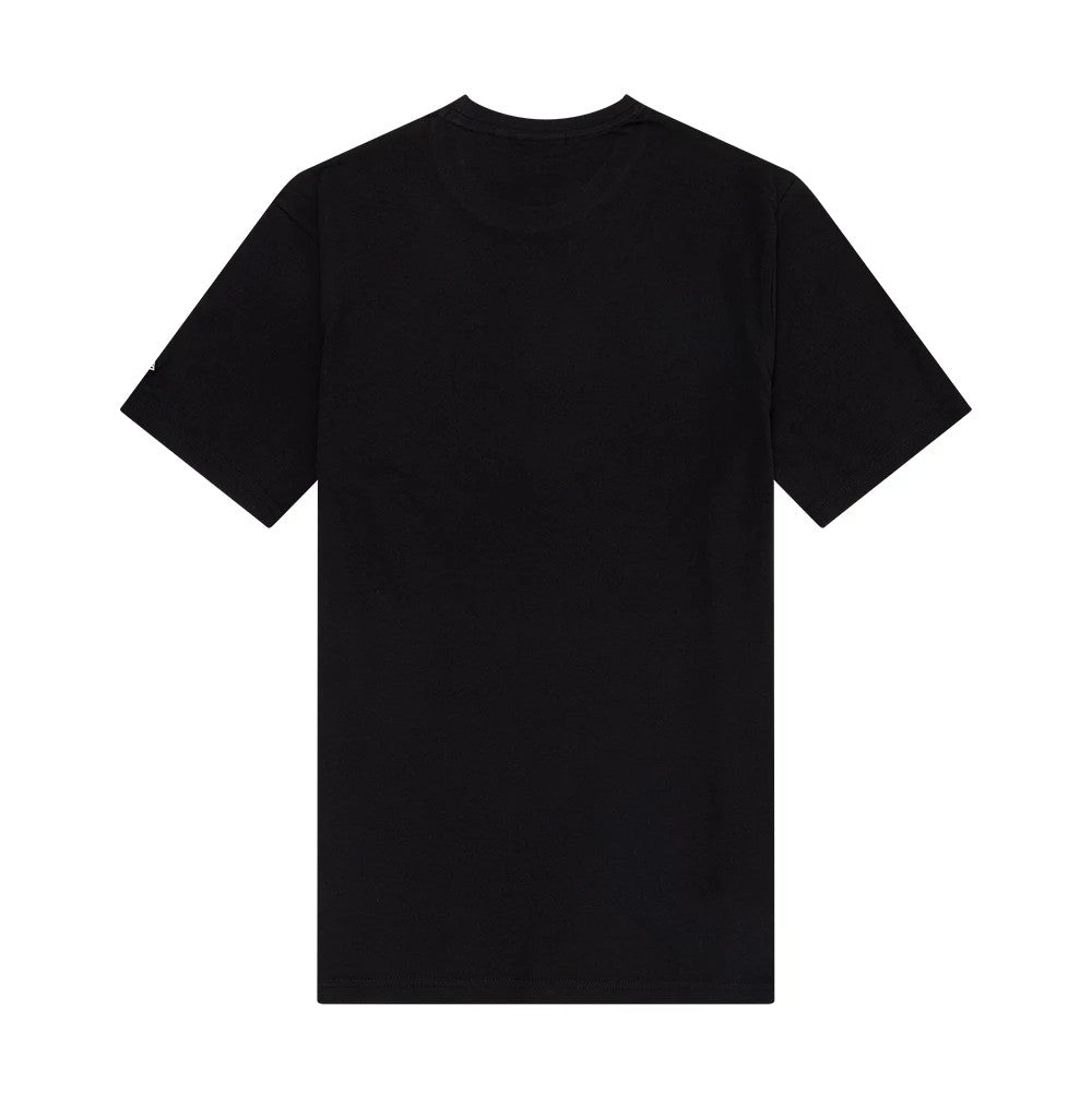 New Era Chicago Bulls NBA Script Graphic Black T-Shirt, back view showing a plain black design with no graphics, short sleeves, and a New Era embroidered logo on the left sleeve near the cuff.