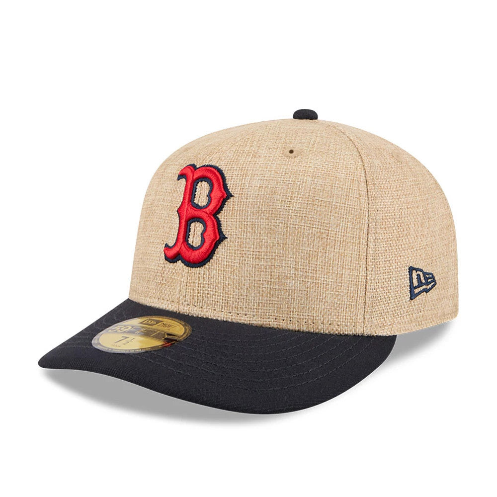Boston Red Sox MLB Twine Beige New Era 59FIFTY Fitted Cap, front view showing the red embroidered B logo on the beige textured crown, a contrasting black flat visor with a gold 59FIFTY size sticker, and the New Era flag logo on the left side.