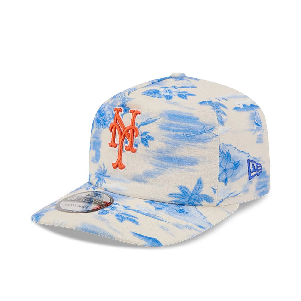 New York Mets MLB Tropics Blue New Era 19TWENTY Adjustable Cap, front view showing the raised orange Mets logo embroidered on the front panel, a blue floral pattern across the cap, and a 19TWENTY size sticker on the visor.