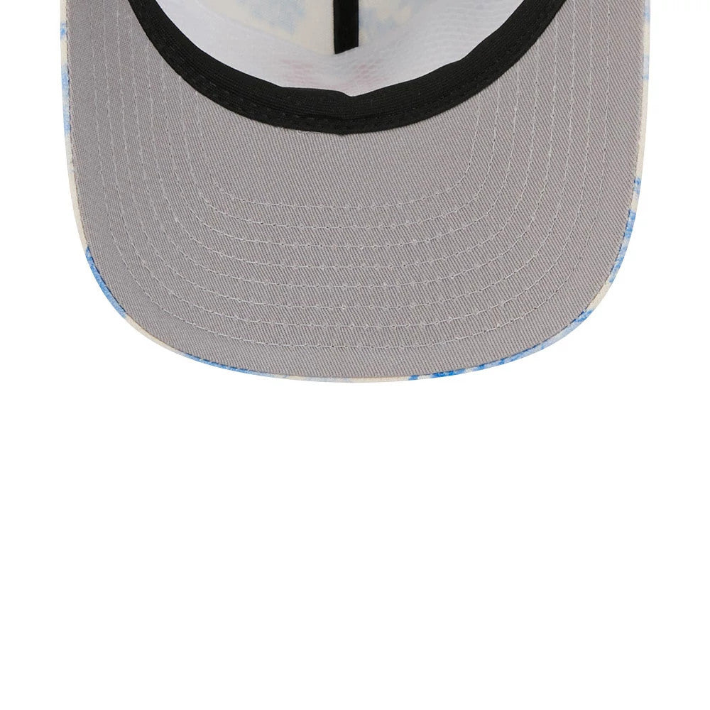 New York Mets MLB Tropics Blue New Era 19TWENTY Adjustable Cap, inside view showing the grey undervisor with stitching, black sweatband lining the interior, and white taping across the structured crown for added support.