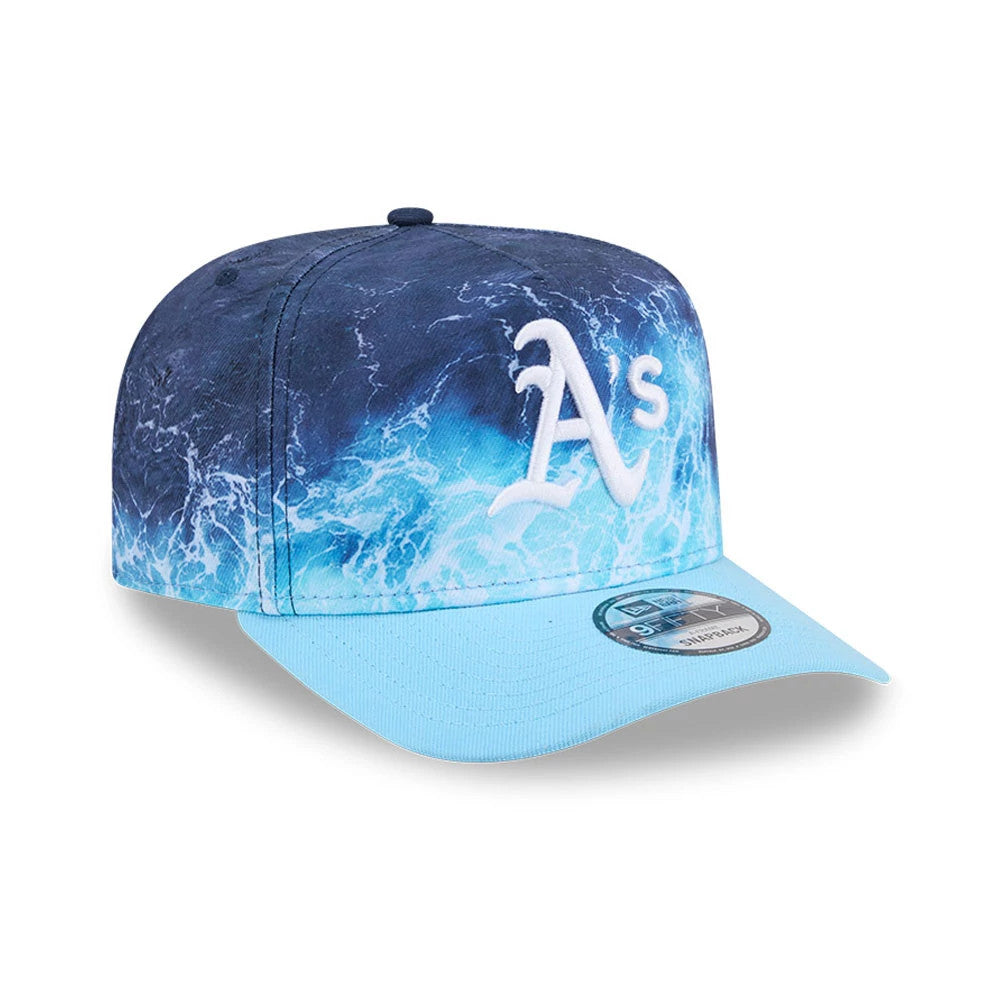Athletics MLB Deep Water Pastel Blue New Era 9FIFTY A-Frame Snapback Adjustable Cap, three-quarter view featuring a raised white A's logo embroidered on the front panel, a pastel blue visor, and a 9FIFTY size sticker on the visor.