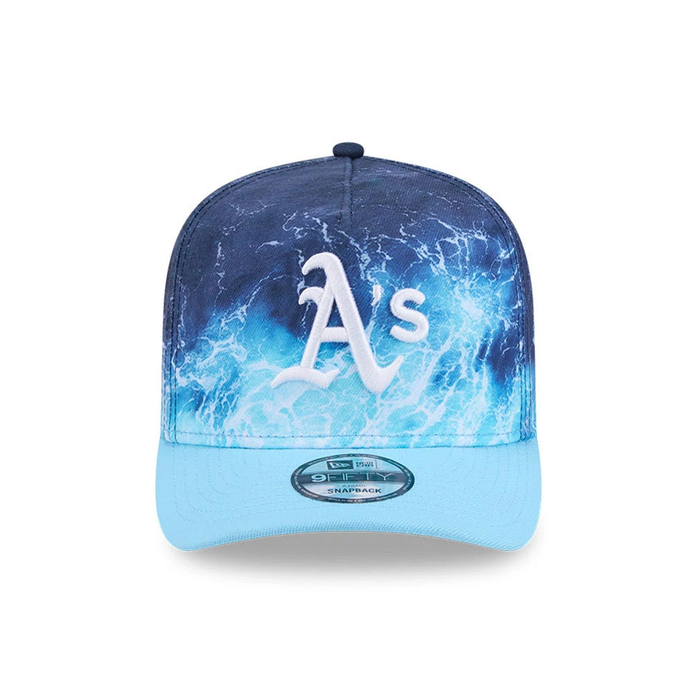 Athletics MLB Deep Water Pastel Blue New Era 9FIFTY A-Frame Snapback Adjustable Cap, front view showing raised white A's logo embroidery on the crown with blue water-inspired graphic, light blue visor and 9FIFTY size sticker on the visor.