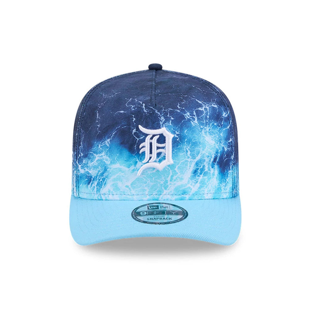 Tigers MLB Deep Water Pastel Blue New Era 9FIFTY A-Frame Snapback Adjustable Cap, front view showing a white embroidered letter D logo on a textured deep water effect crown, with a pastel blue flat visor and 9FIFTY size sticker.