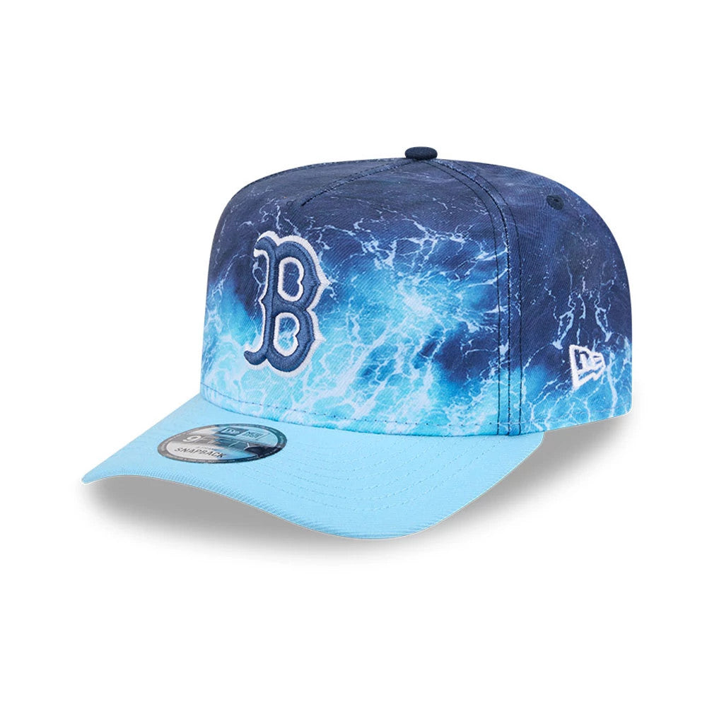 Red Sox MLB Deep Water Pastel Blue New Era 9FIFTY A-Frame Snapback Adjustable Cap, front view showing a white and navy embroidered B logo on the front panel with a watery pattern, a pastel blue visor, and a 9FIFTY size sticker.