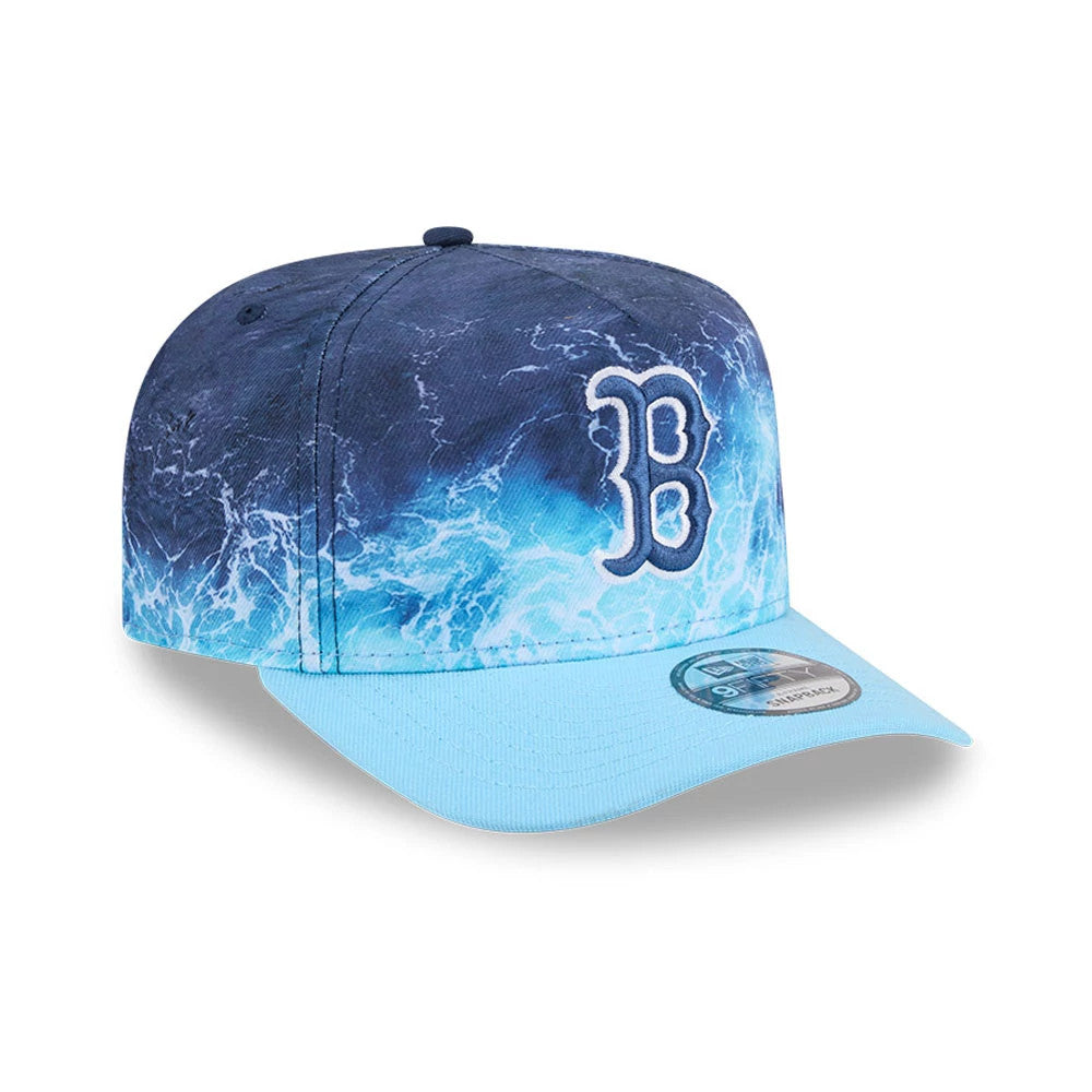 Red Sox MLB Deep Water Pastel Blue New Era 9FIFTY A-Frame Snapback Adjustable Cap, three-quarter view showing the raised white and navy embroidered B logo on the front panel, with a pastel blue visor and 9FIFTY size sticker.