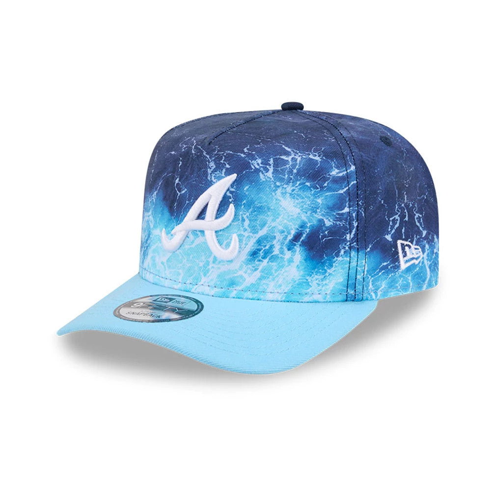 Braves MLB Deep Water Pastel Blue New Era 9FIFTY A-Frame Snapback Adjustable Cap, front view showing the white raised embroidered A logo on the water-patterned crown, paired with a pastel blue flat visor and 9FIFTY size sticker.