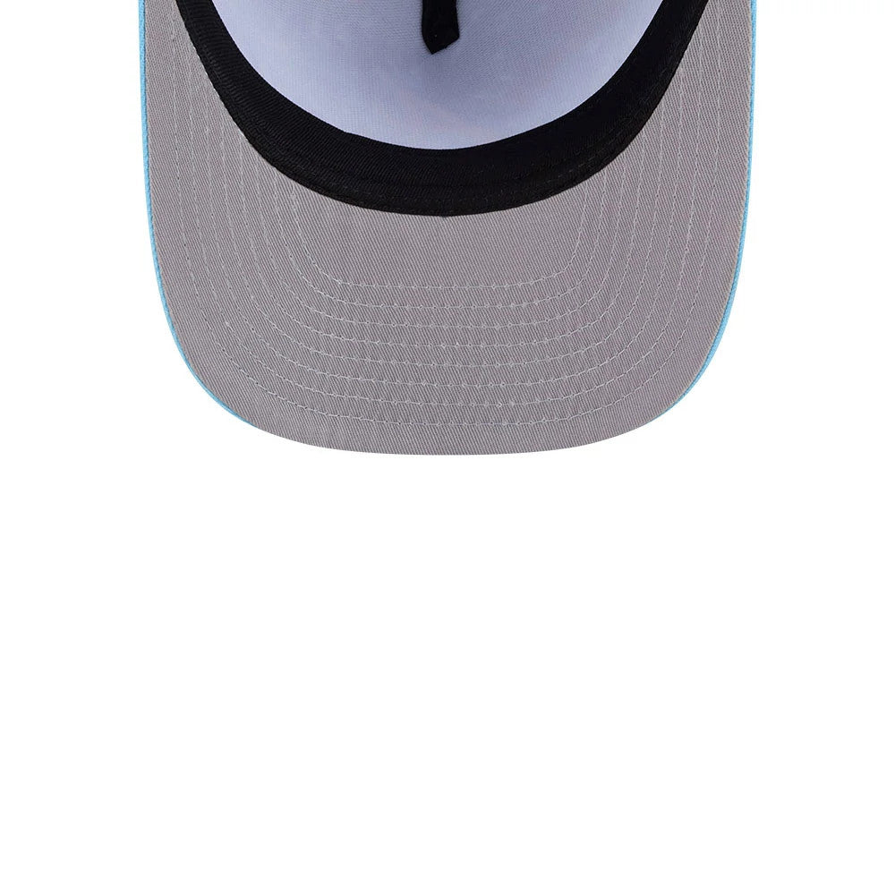 Braves MLB Deep Water Pastel Blue New Era 9FIFTY A-Frame Snapback Adjustable Cap, inside view showing the grey undervisor, black sweatband, and contrasting white taping, creating a clean and structured look.