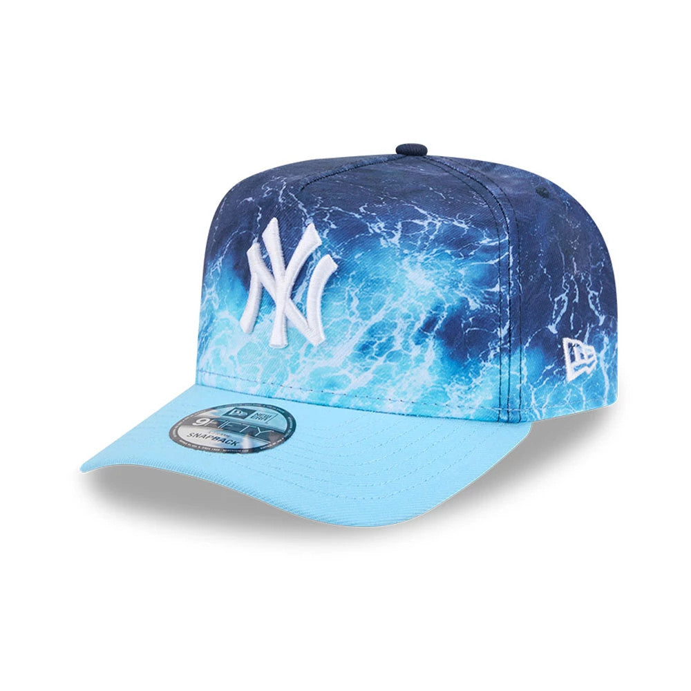 Yankees MLB Deep Water Pastel Blue New Era 9FIFTY A-Frame Snapback Adjustable Cap, front view showing the white raised embroidery NY logo on a blue water-patterned crown, with a pastel blue visor and a 9FIFTY size sticker on the visor.