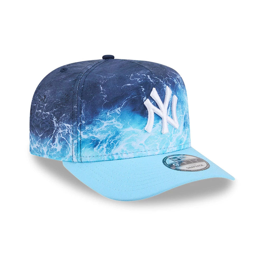 Yankees MLB Deep Water Pastel Blue New Era 9FIFTY A-Frame Snapback Adjustable Cap, three-quarter view showing a white embroidered NY logo on the deep water pattern front panel, a pastel blue visor, and a 9FIFTY size sticker on the visor.