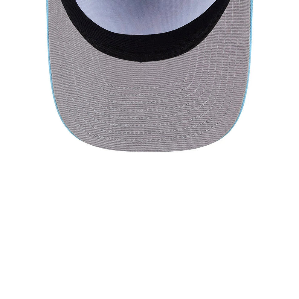 Yankees MLB Deep Water Pastel Blue New Era 9FIFTY A-Frame Snapback Adjustable Cap, inside view showing the light grey undervisor, black sweatband lining, and the turquoise edge of the visor, with detailed stitching along the inner panels.