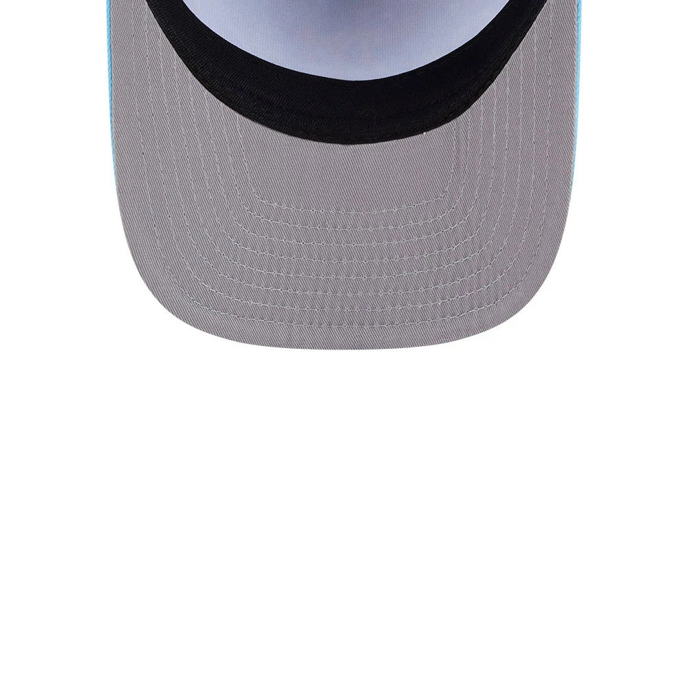 Mets MLB Deep Water Pastel Blue New Era 9FIFTY A-Frame Snapback Adjustable Cap, inside view displaying the grey undervisor, black sweatband lining the interior edge, and stitching detail in concentric patterns.