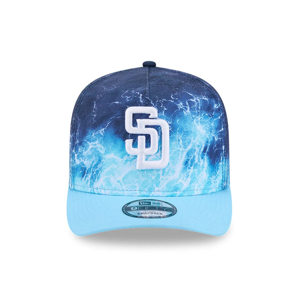 Padres MLB Deep Water Pastel Blue New Era 9FIFTY A-Frame Snapback Adjustable Cap, front view showing a raised white SD logo on a deep water pattern crown, pastel blue flat visor, and 9FIFTY size sticker.