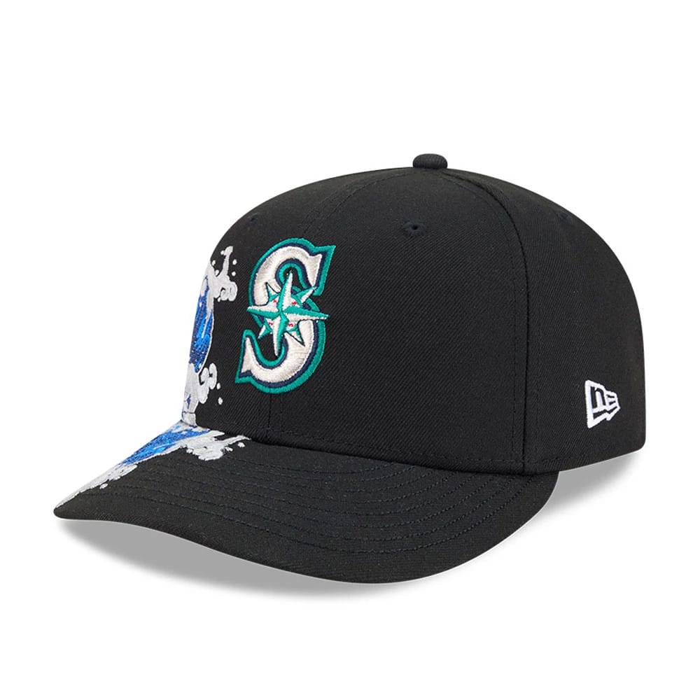 Seattle Mariners MLB Vissurf Black New Era 9FIFTY Snapback Adjustable Cap, three-quarter view showing the teal and white embroidered Mariners logo on the front panel, vivid wave graphic on the visor and a white New Era flag logo on the left side.