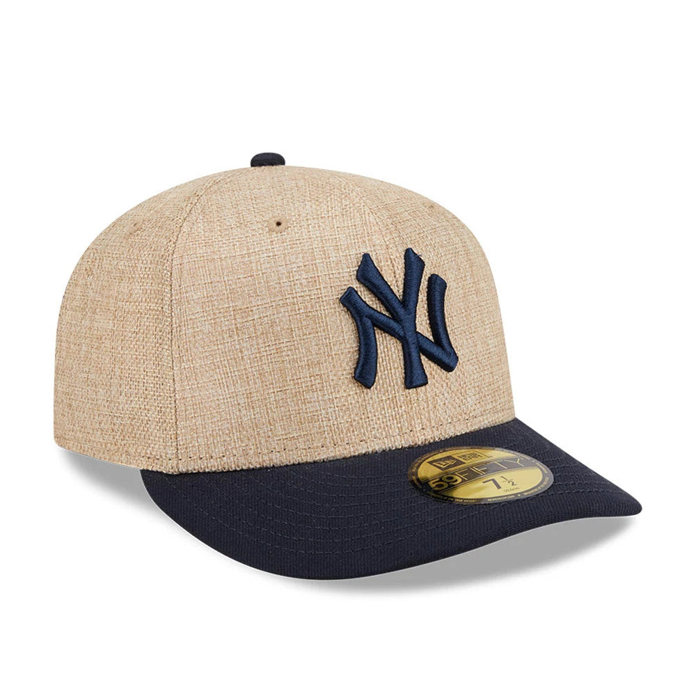 New York Yankees MLB Twine Navy New Era 59FIFTY Fitted Cap, three-quarter view showing a raised navy NY logo on the front panel, contrasting with the twine crown, navy flat visor, and featuring the gold 59FIFTY size sticker.
