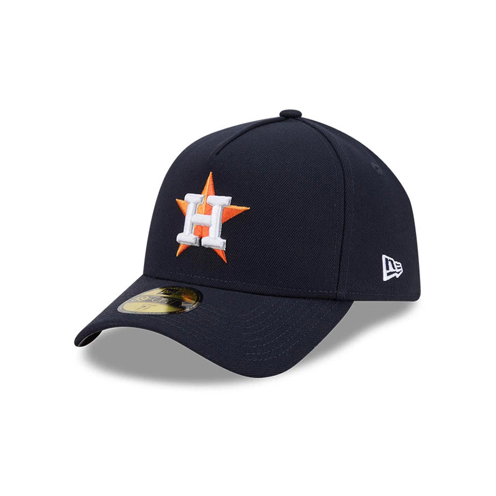 Houston Astros MLB Team Side Navy New Era 59FORTY A-Frame Fitted Cap, three-quarter view showing the raised white and orange embroidered Astros logo on the front panel, complemented by a curved visor with a gold 59FORTY size sticker.