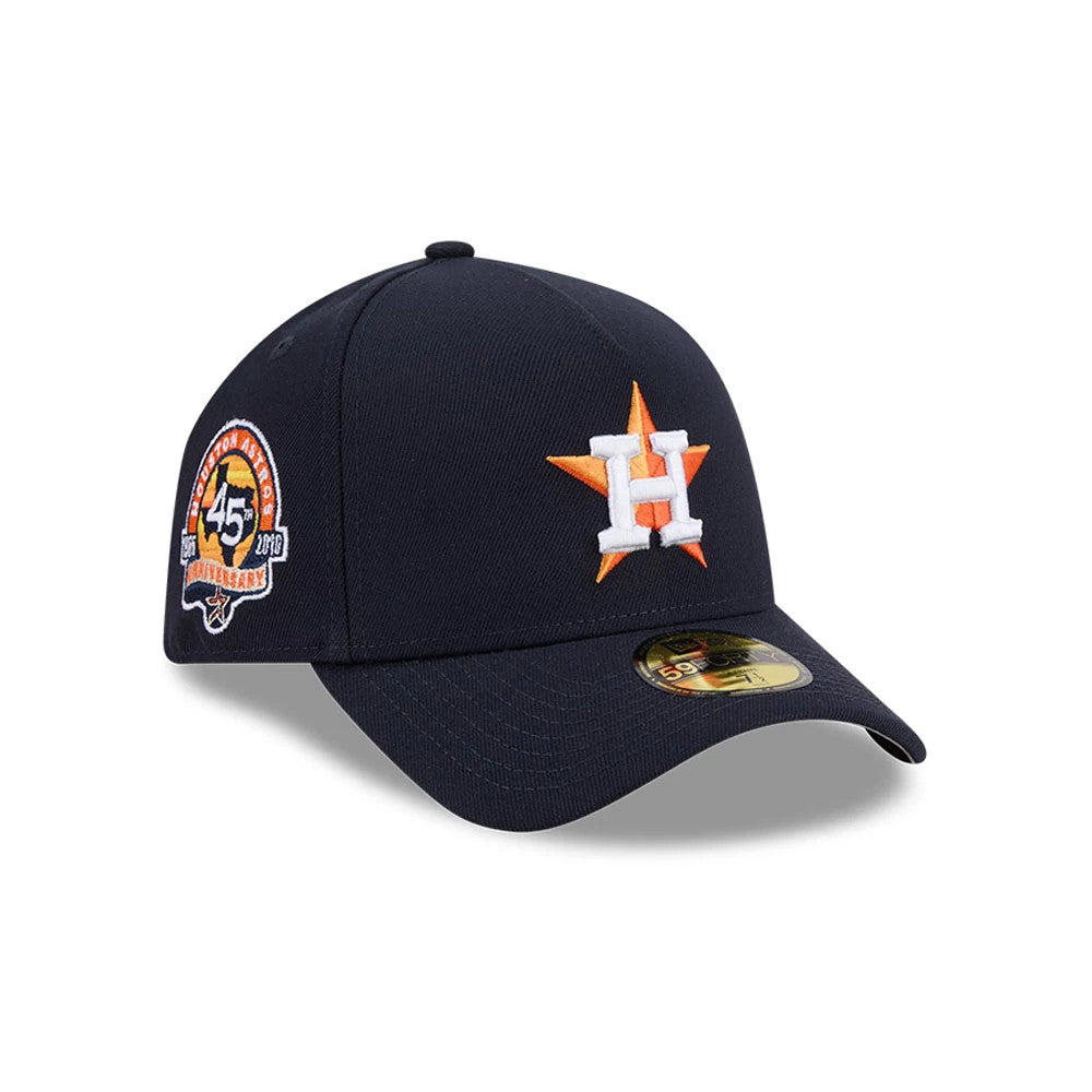 Houston Astros MLB Team Side Navy New Era 59FORTY A-Frame Fitted Cap, three-quarter view showing a white embroidered H over an orange star on the front panel, a 45th-anniversary patch on the side, and a gold 59FORTY size sticker on the curved visor.