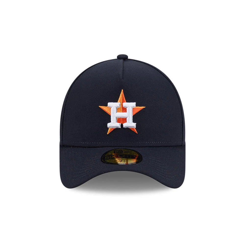 Houston Astros MLB Team Side Navy New Era 59FORTY A-Frame Fitted Cap, front view showing the raised embroidered white and orange Astros logo on the structured navy crown, with a curved visor and the 59FORTY size sticker on the navy undervisor.
