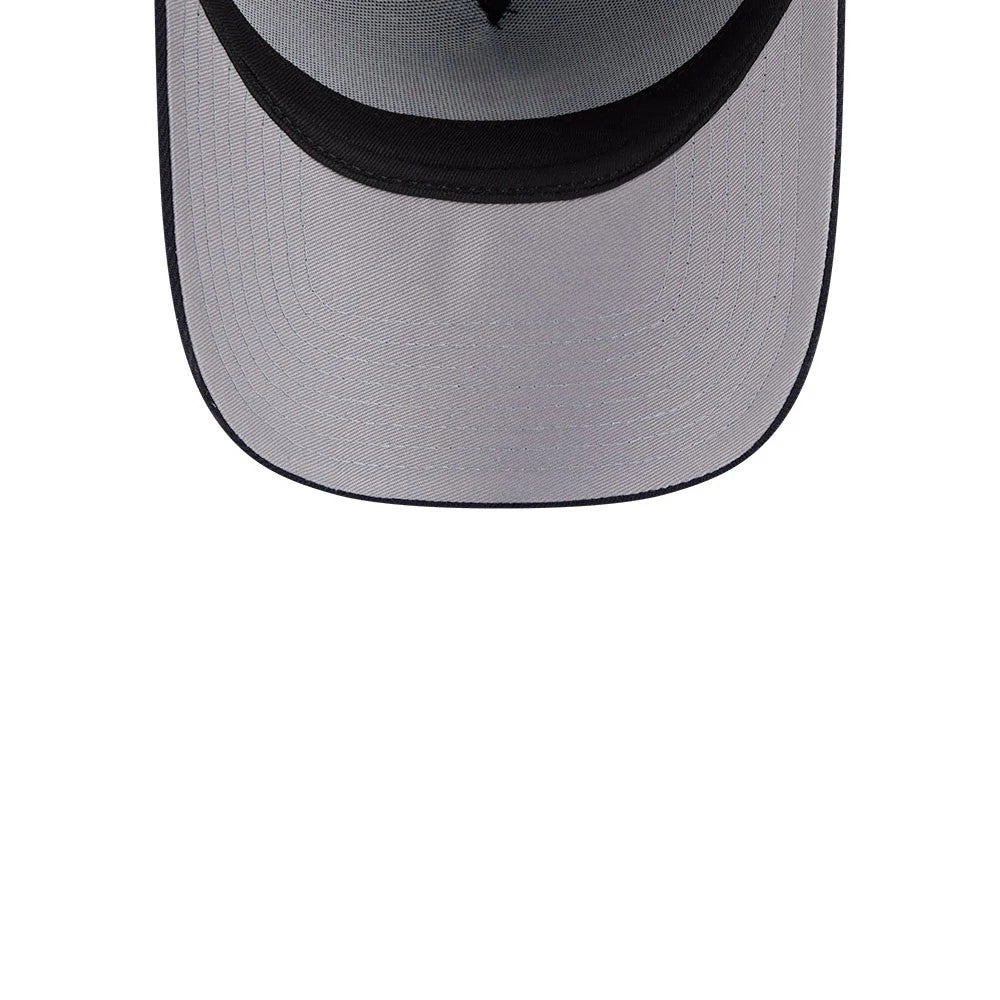 Houston Astros MLB Team Side Navy New Era 59FORTY A-Frame Fitted Cap, inside view showing the grey undervisor, black seam tape along the interior panels, and a black sweatband lining the base of the cap's crown.