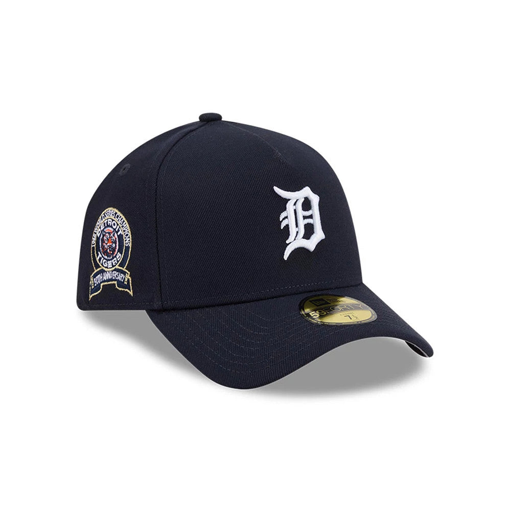 Detroit Tigers MLB Team Side Navy New Era 59FORTY A-Frame Fitted Cap, three-quarter view showing the white embroidered D logo on the front panel, a commemorative patch on the left side, and a gold 59FORTY size sticker on the navy curved visor.