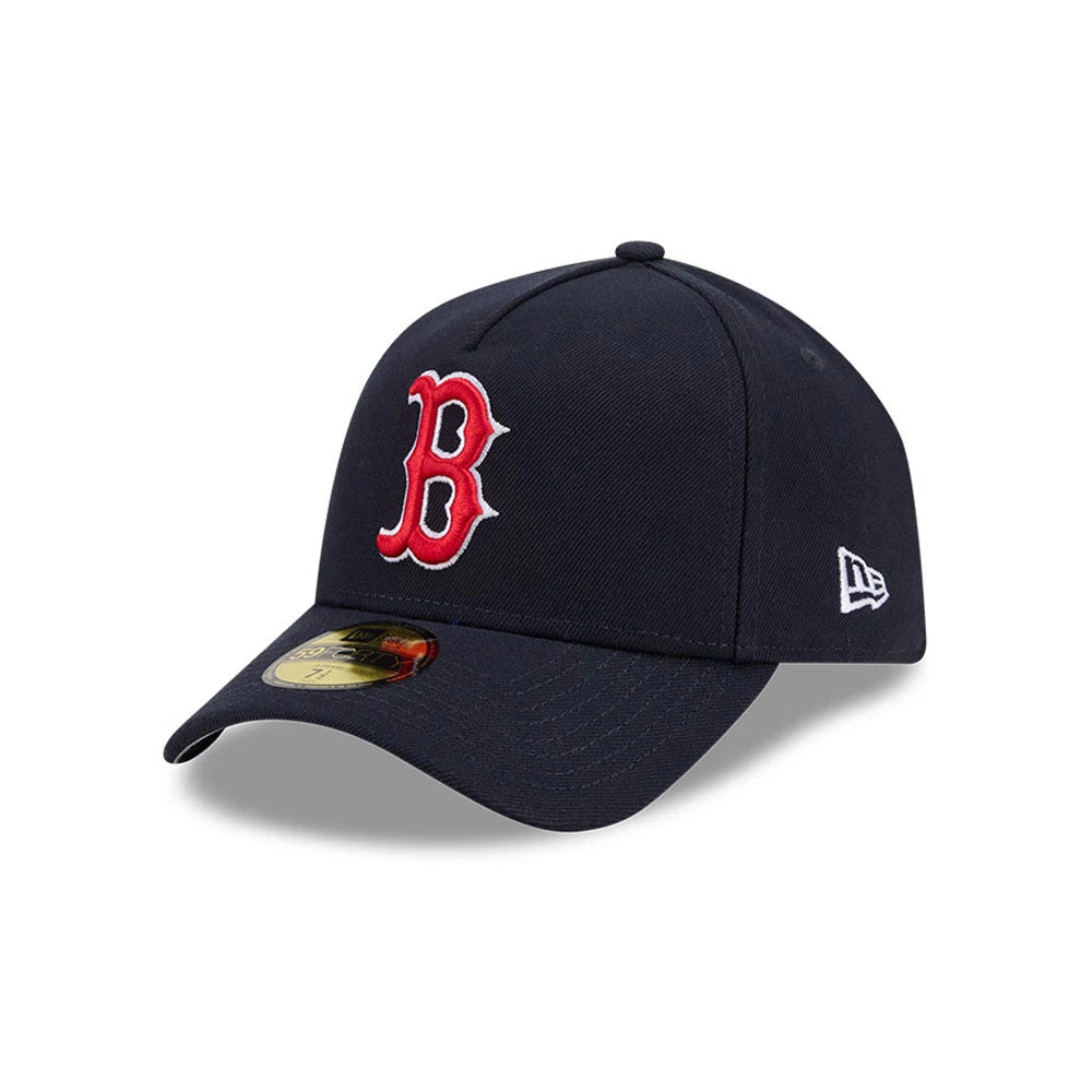 Red Sox MLB Team Side Navy New Era 59FORTY A-Frame Fitted Cap, three-quarter view showing the raised red embroidered B logo on the front panel, curved navy visor with gold 59FORTY size sticker, and white New Era flag logo on the left side.