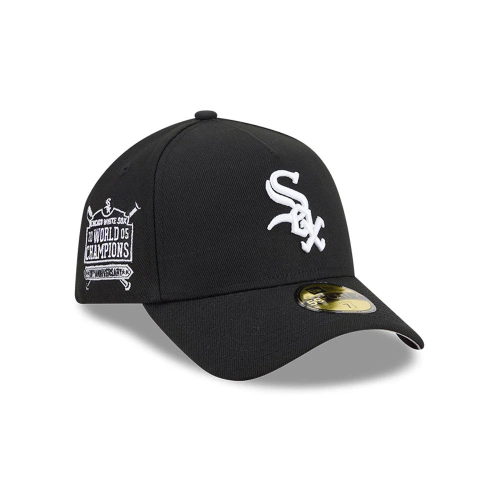 Chicago White Sox MLB Team Side Black New Era 59FORTY A-Frame Fitted Cap, three-quarter view showing the raised white Sox logo embroidered on the front panel, a vintage World Series Champions design on the left side.