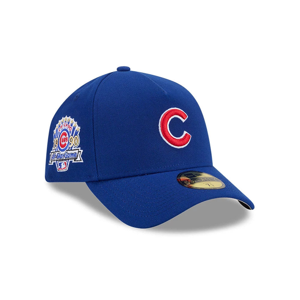 Chicago Cubs MLB Team Side Blue New Era 59FORTY A-Frame Fitted Cap, three-quarter view showing the raised red and white C logo on the front panel, a detailed 1990 anniversary patch on the side, and a gold 59FORTY size sticker on the blue visor.