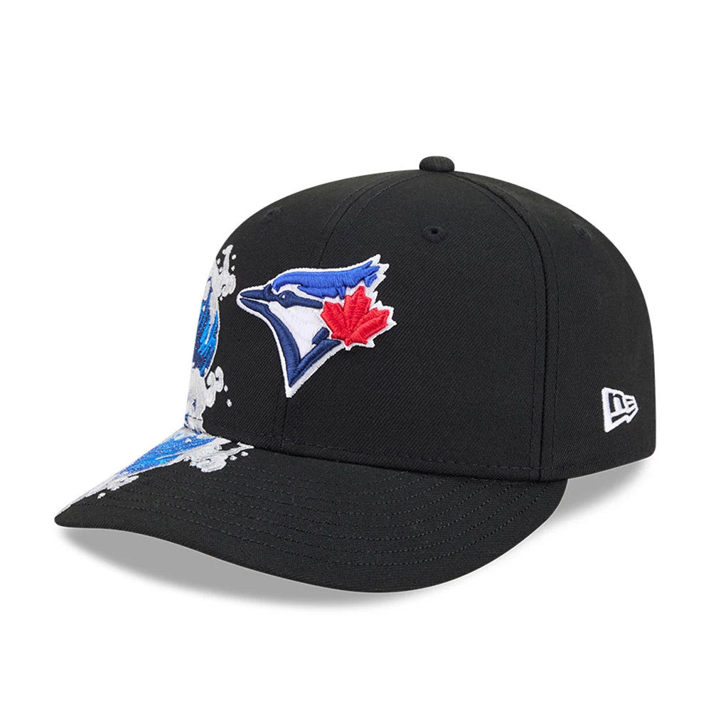 Toronto Blue Jays MLB Vissurf Black New Era 9FIFTY Snapback Adjustable Cap, front view showing the raised blue and white embroidered Blue Jays logo with a red maple leaf on the front panel, a splash pattern on the black visor.