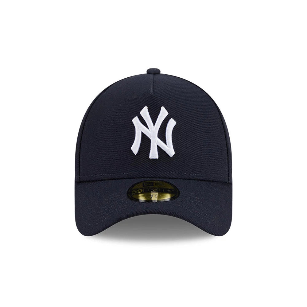 Yankees MLB Team Side Navy New Era 59FORTY A-Frame Fitted Cap, front view showing the raised white embroidered NY logo on the structured navy crown with a curved visor, featuring the 59FORTY size sticker on the dark navy visor.