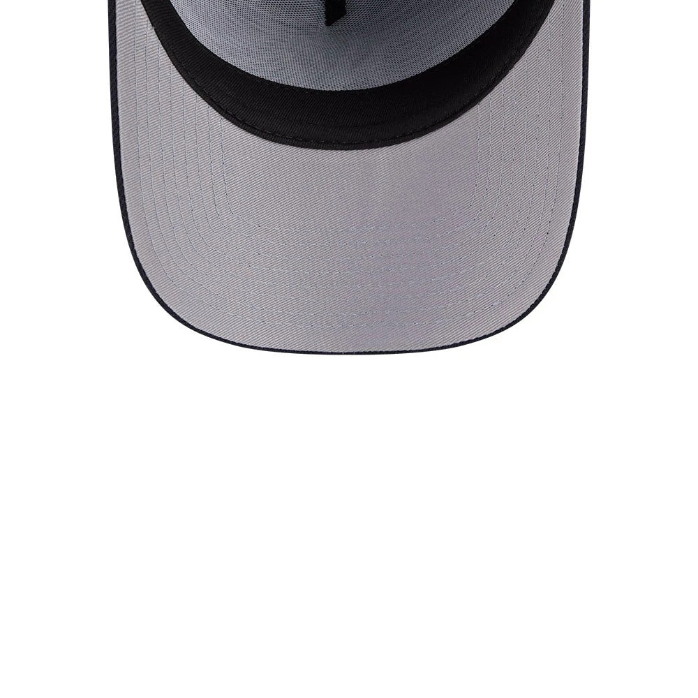 Yankees MLB Team Side Navy New Era 59FORTY A-Frame Fitted Cap, inside view showing the grey undervisor in contrast with the black taped seams and sweatband, highlighting the structured shape and precise construction of the cap's interior.