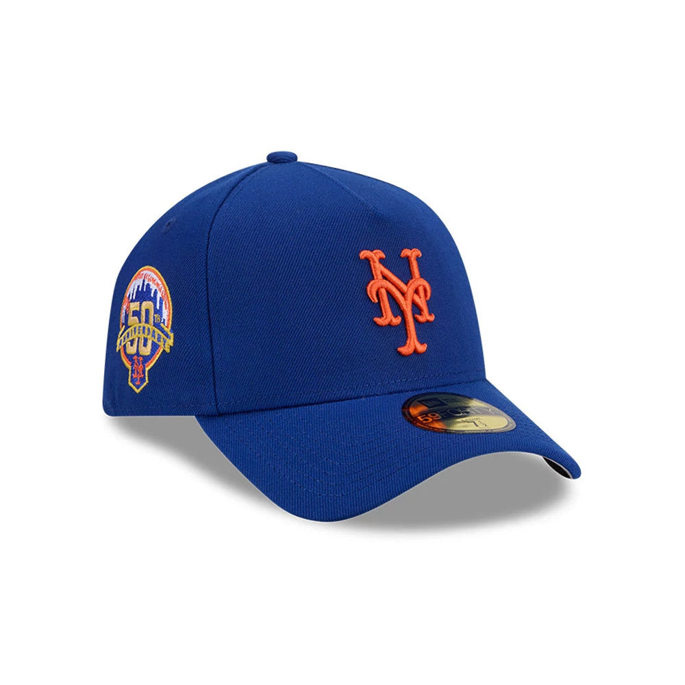 Mets MLB Team Side Blue New Era 59FORTY A-Frame Fitted Cap, three-quarter view showing the orange raised embroidered NY logo on the front panel, blue curved visor with a gold 59FORTY size sticker.