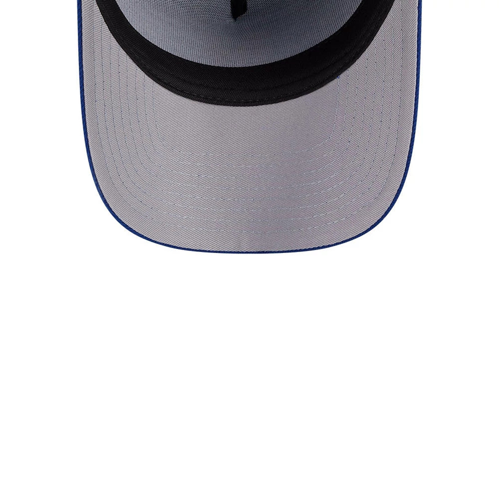 Mets MLB Team Side Blue New Era 59FORTY A-Frame Fitted Cap, inside view showing the contrast between the black sweatband and the light grey undervisor, with blue edging along the base of the structured visor for a finish.