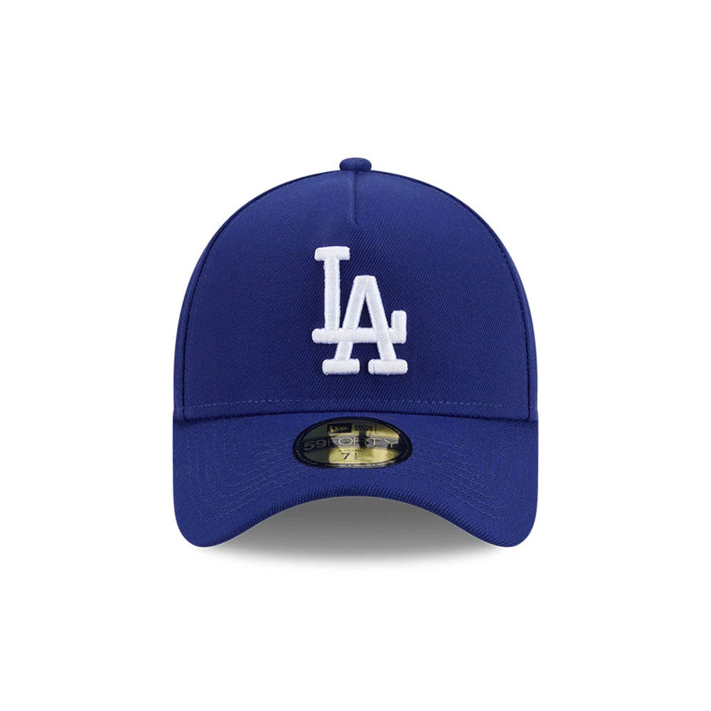 LA Dodgers MLB Team Side Dark Blue New Era 59FORTY A-Frame Fitted Cap, front view showing a white raised embroidered LA logo prominently on the front panel, with a dark blue curved visor featuring a 59FORTY size sticker centred underneath.