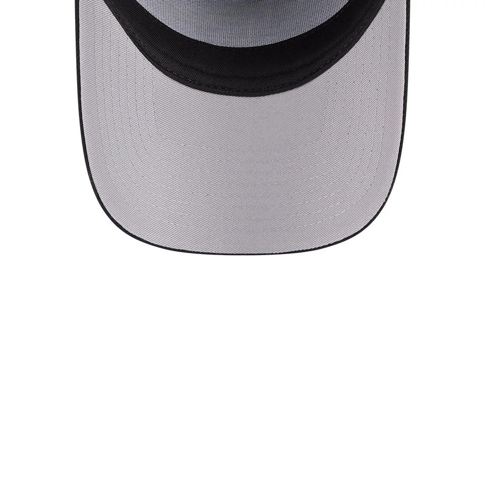 San Francisco Giants MLB Team Side Black New Era 59FORTY A-Frame Fitted Cap, inside view showing a grey undervisor with a black sweatband along the edge, highlighting the curved shape of the visor and inner cap structure.