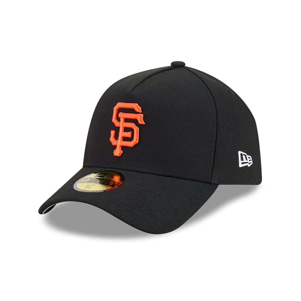 San Francisco Giants MLB Team Side Black New Era 59FORTY A-Frame Fitted Cap, three-quarter view showing the raised orange SF logo embroidered on the front panel, curved black visor with a gold 59FORTY size sticker, and New Era flag on the left side.