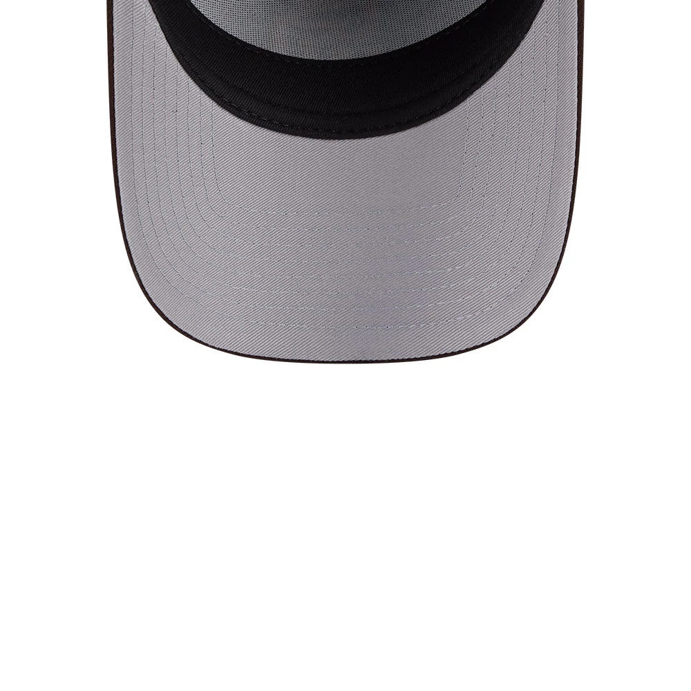 San Diego Padres MLB Team Side Dark Brown New Era 59FORTY A-Frame Fitted Cap, inside view showing the grey undervisor and contrasting black sweatband, with taping in a clean, structured design beneath the cap's visor.