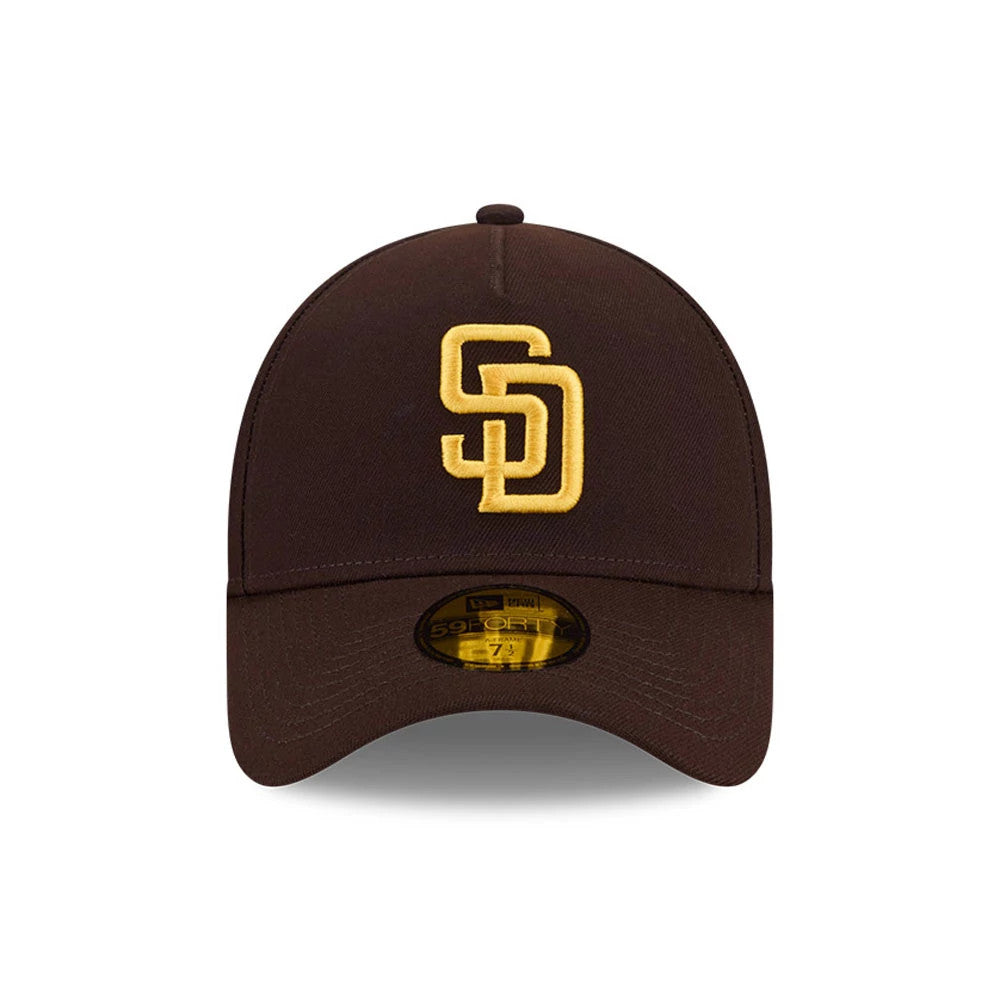 San Diego Padres MLB Team Side Dark Brown New Era 59FORTY A-Frame Fitted Cap, front view showing a raised embroidered SD logo in yellow on the structured dark brown crown, with a curved visor and a gold 59FORTY size sticker underneath.